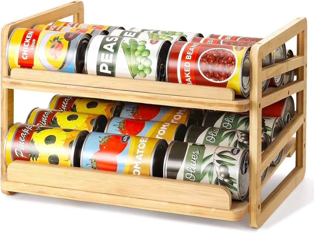 Yumkfoi Rolling Bamboo Can Organizer Rack, Stackable Double-Layer Can Organizers and Storage For Pantry, Canned Goods Holder Dispenser For Countertop Kitchen Cabinet or Pantry Shelf