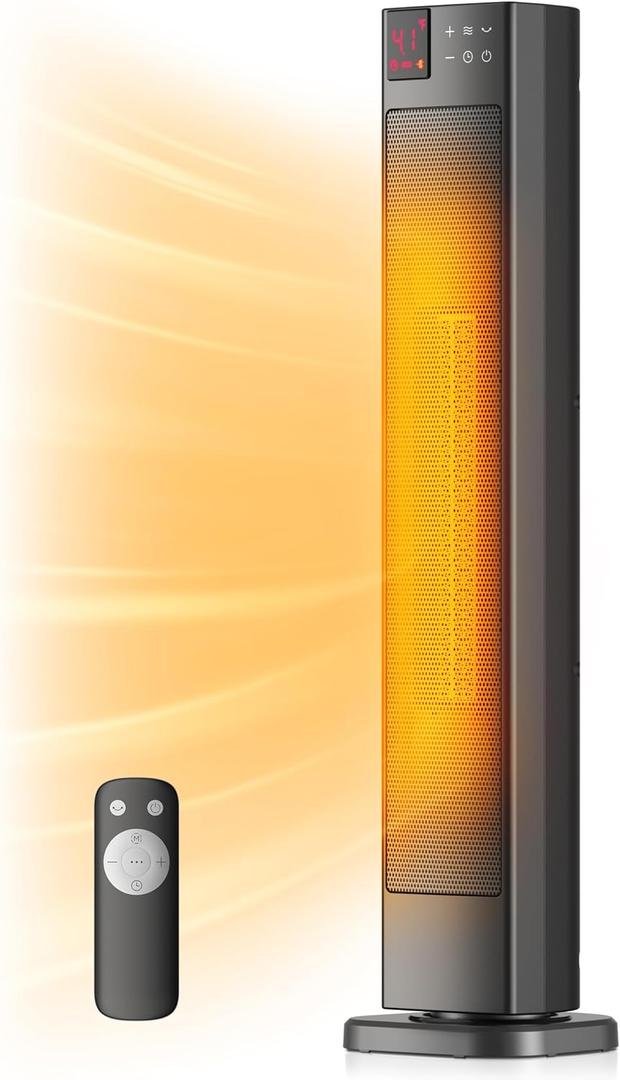 PELONIS 30 Ceramic Tower Space Heater with Adjustable Thermostat for Large Room, 75 Oscillation, Remote Control & 12H Timer, Tip-Over Switch & Overheating Protection, 1500W, PHF15RSAPH30, Black