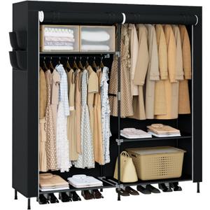 CASAMAYA Portable Closet, 61.8 Inch Large Capacity Wardrobe Closet with Cover, Clothes Storage Organizer with Shelves and 2 Hanging Rods, Easy to Assembly, Black PCT222B01
