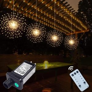 4 Pack 800 LED Plug in Starburst Sphere Lights,Firework Light 8 Modes Dimmable Remote Control,Waterproof Copper Wire Hanging Fairy Lights for Patio Parties Tent Christmas (Warm White)