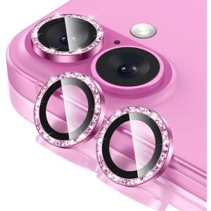 Tensea for iPhone 16 / iPhone 16 Plus Camera Lens Protector, 9H Tempered Glass Camera Cover Screen Protector, HD Clear, Metal Individual Ring for iPhone 16 6.1inch/16 Plus 6.7inch (Glitter Pink-1pc)