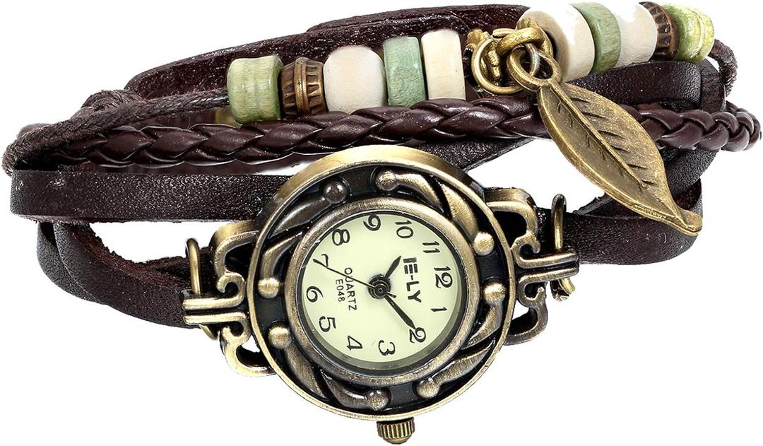 JewelryWe Women Quartz Bracelet Watch Fashion Weave Wrap Around Leather Wrist Watch Classic Bracelet Watch for Summer Beach for Valentine's Day, Leaf-Brown
