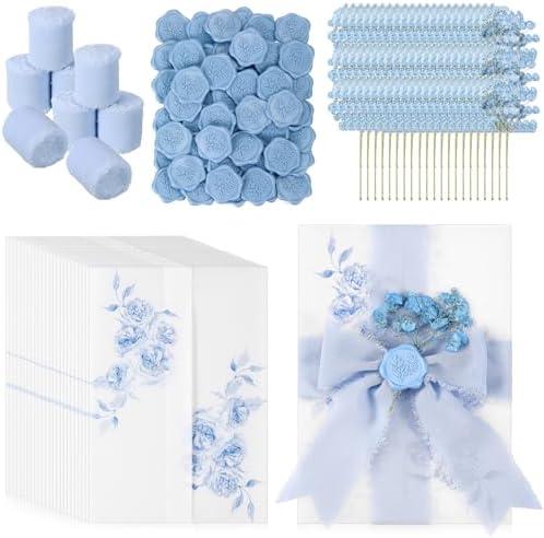 Fullhawl 50 Sets Wedding Invitations Wraps Set Pre Folded Vellum Jackets for 5 x 7 Invitations Dried Flowers Wax Seal Stickers Chiffon Silk Ribbon for Wedding Birthday Bridal Shower Craft DIY (Blue)