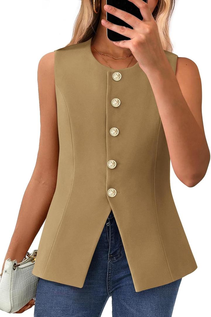 BTFBM Suit Vest Tops For Women Sleeveless Blazer Work Wear | Button Down Waistcoat Vests, Round Neck Womens Blazers, Dressy Top, Business Casual Outfits, Summer Fall Fashion Clothes 2026 (S)