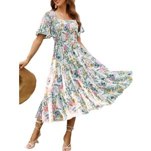Amegoya Women's Boho Flowy Long Sleeve Square Neck Floral Midi Dress Smocked Spring Fall Wedding Guest Dresses (Medium)