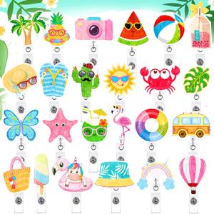 24 Pcs Summer Badge Reel Felt Retractable Badge Reel Holder with Alligator Clip Palm Tree Pineapple Flamingo Badge Clips Cute Nursing Name ID Badge Holders for Nurse Doctor Teacher Student Women Men