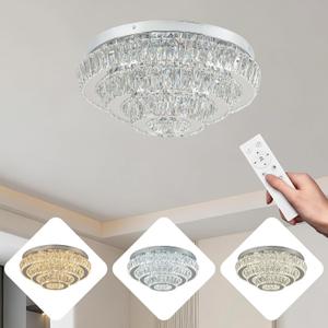 Modern 16.5" Crystal Chandelier Flush Mount, 3-Tier Round 50W Dimmable LED Ceiling Light with Remote, K9 Crystal Ceiling Fixture for Bedroom Living Room Dining Room, Low Ceilings