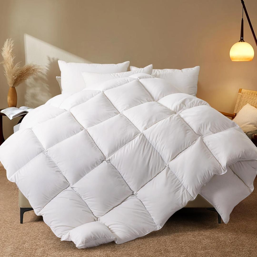 Whats Bedding White Queen Size Feather Down Fiber Comforter, Filled with Feather and Down Fiber, All Season Fluffy Ultra Soft 100% Cotton Duvet Insert, Luxury Hotel Bedding Style Comforter,90"x90