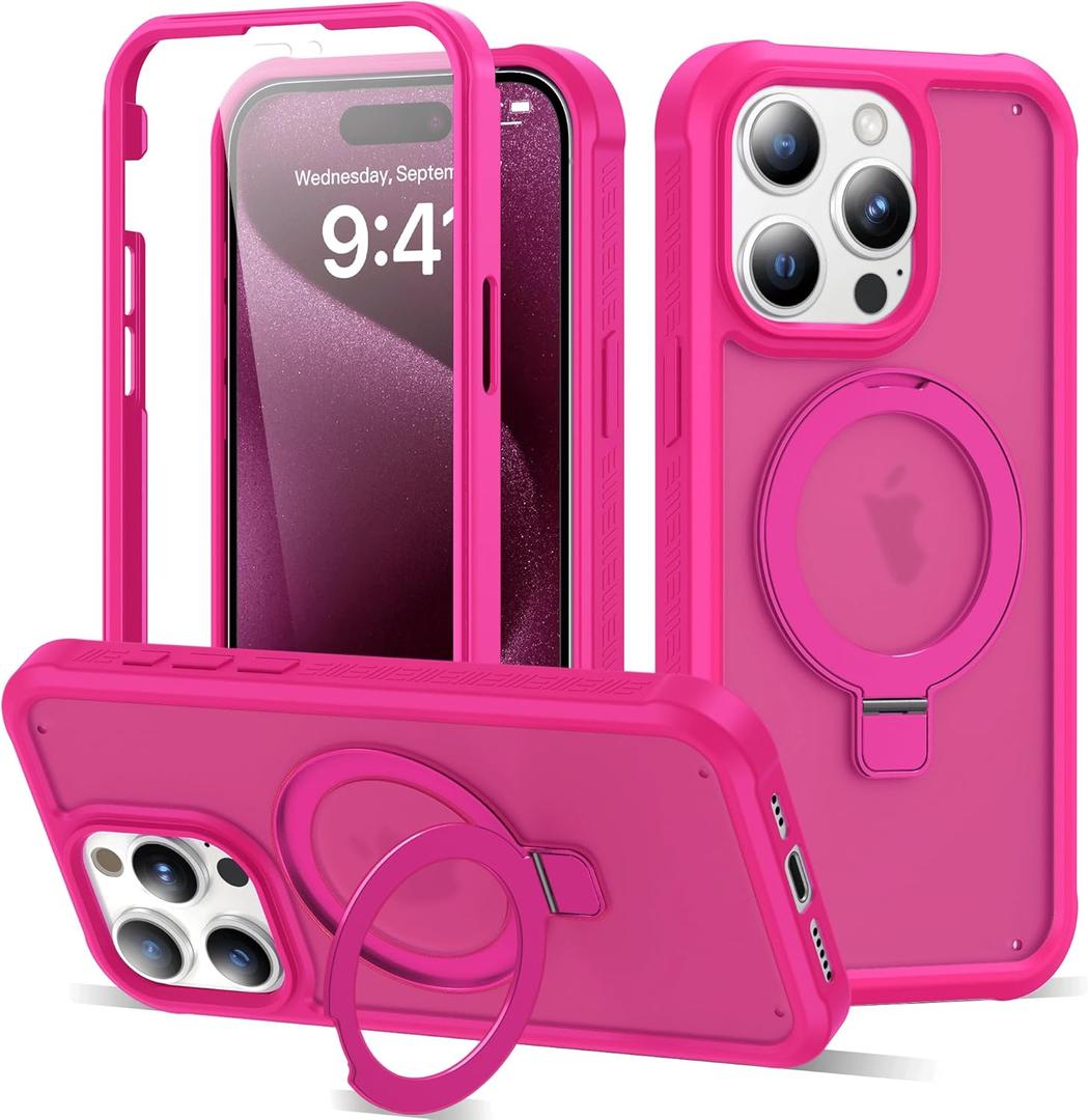 Compatible with iPhone 15 Pro Max Case with Magnetic Ring Stand [Compatible with Mag-Safe] [Built-in Screen Protector] Military-Grade Shockproof Translucent Matte Phone Case, Rose Red