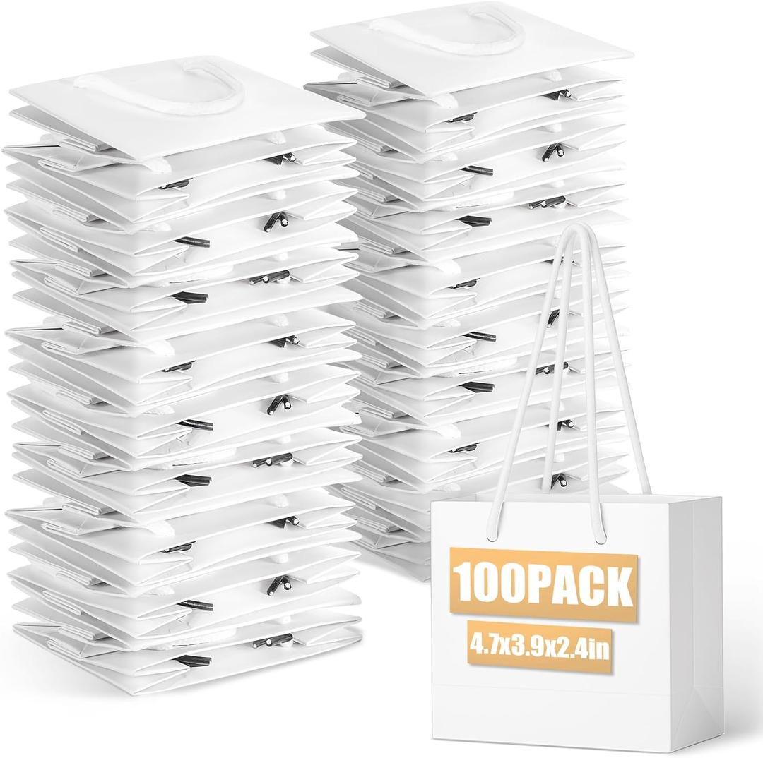100Pcs Thickened White Mini Gift Bags with Handle, 3.9 x 4.7 x 2.4 Inch Small Paper Goodie Shopping Bags, Small Gift Bag Bulk for Birthday Parties, Business Parties and Christmas Gifts Packaging