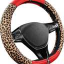 Road Comforts Leopard Steering Wheel Cover for Women, Cute Anti-Slip Microfiber Leather, Fits D Shape Flat Bottom Steering Wheel 14.5-15 Inch - Red