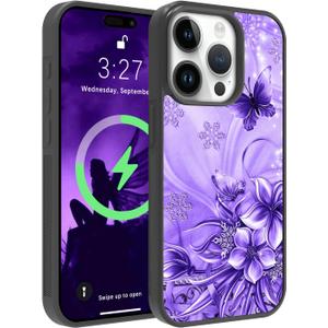 OOK Magnetic for iPhone 15 Pro Max Case Purple Butterfly with Flower Nebula Space Design [Compatible with MagSafe] Hard PC+Soft TPU Bumper Anti-Slip Ultra Thin Case, Light Purple