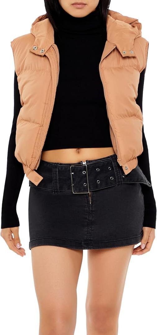 Forever 21 womens Cropped Hooded Puffer Vest (X-Large, Camel)