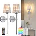 Battery Operated Crystal Wall Sconce Set of 2, Chrome Wireless Wall Sconce with USB Rechargeable LED Light Bulbs 12 Colors Dimmable Crystal Wall Lamp with Remote for Bedroom Living Room Bulbs Included