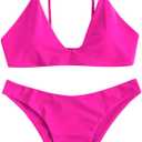 ZAFUL Women's Tie Back Padded High Cut Bralette Bikini Set Two Piece Swimsuit (Pink, M)
