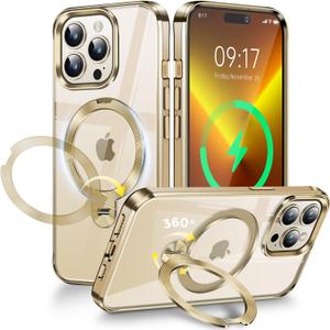 [CD Metal Ring & Invisible 360 Spin Stand] Magnetic Case for iPhone 13 Pro Max [Electroplated Shockproof Bumper ] [Compatible with Mag Safe] Cover with Stand for Women Men Slim Clear - Gold