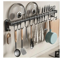 Adhesive Wall Mounted Pot Pan Rack, Kitchen Wall Mounted Detachable Pan Lid Utensils Organizer Hanging Rail with 8 Hooks for Kitchen Bathroom Bedroom, 17.7''
