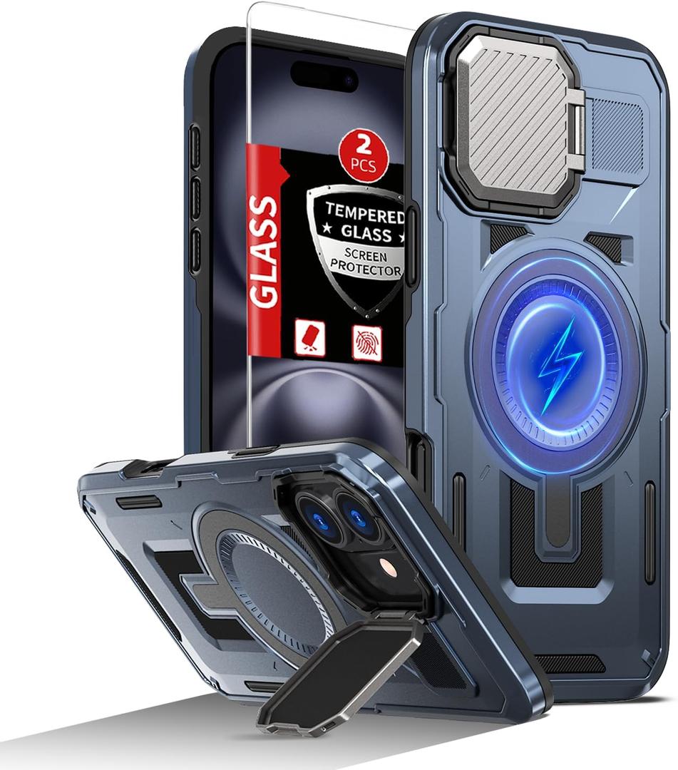 For iPhone 16 Case Compatible with MagSafe Magnetic Wireless Charging,Built-in Camera Cover Kickstand,with 2 Glass Screen Protectors,Shockproof Scratch-Resistant Heavy Duty Protection Blue