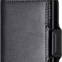 VULKIT Credit Card Holder RFID Blocking Leather Automatic Pop Up Wallet Magnetic Wallet Double Card Case for Men and Women (Black)