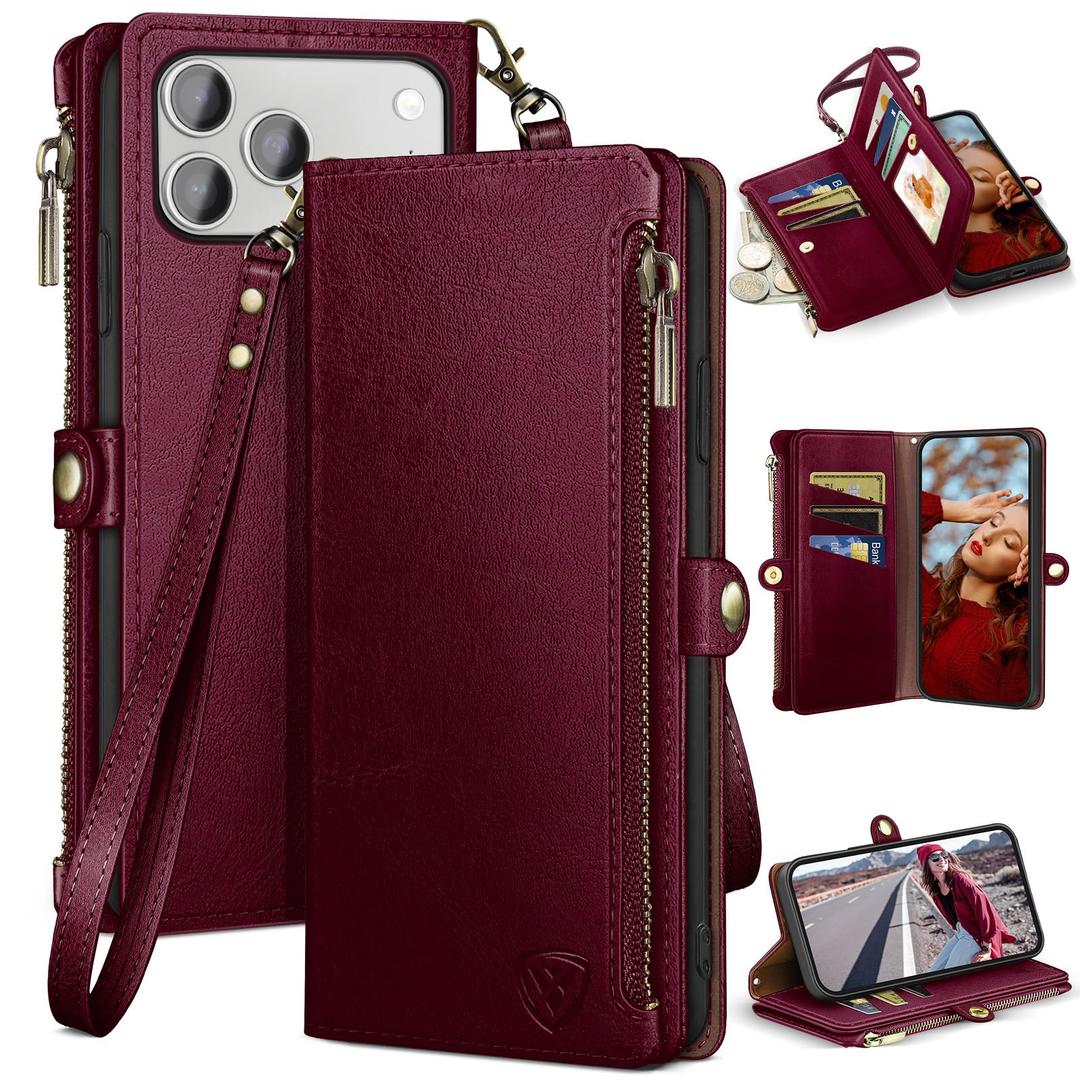 XcaseBar compatible with iPhone 17 Pro 6.3" Wallet case with Zipper Credit Card Holder【RFID Blocking】,Flip Folio Book PU Leather Phone case Shockproof Cover Women Men for Apple 17 Pro case Wine Red