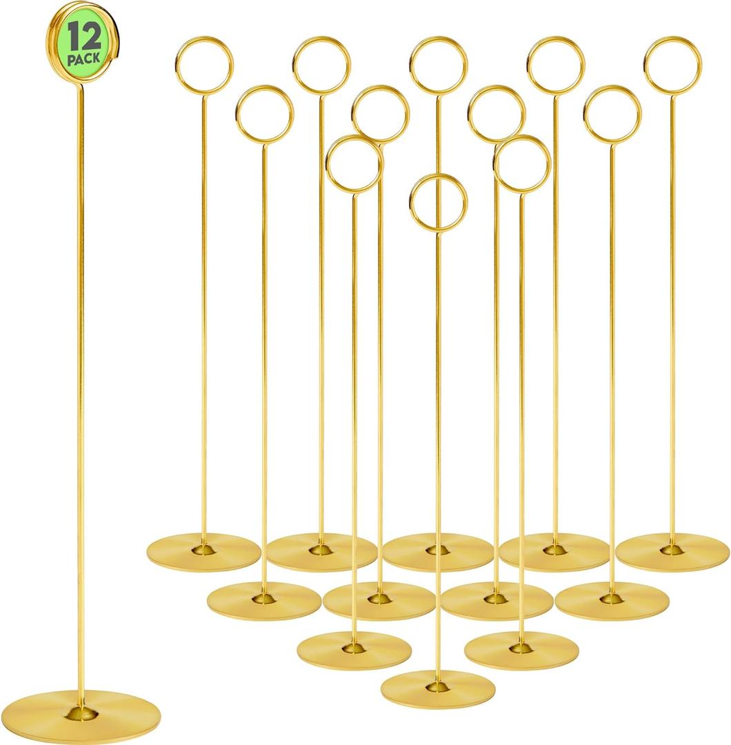 Place Card Holder, 12 in Tall, 12 pack, Gold, Table Cardholder Tabletop Menu Holder Harp-Clip Number Holder Recipe Holder Reserved Card Holder, For Restaurants, Weddings, Banquets