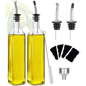 Showvigor Olive Oil Dispenser Bottle, Vinegar Cruet Bottle 17oz/500 ml, Square Tall Glass Oil Container with 2 Stainless Steel Pourers, 4 Labels,1 Brush and 1 Funnel Oil Bottles for Kitchen(2 Set)