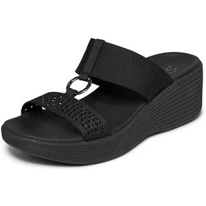 Skechers Women's PARALLEL LITE - VIRAL QUEEN, Rhinestone Knit O-Ring Slide Sandal with Luxe Foam Cushioning, Black/ Black, 5.5M