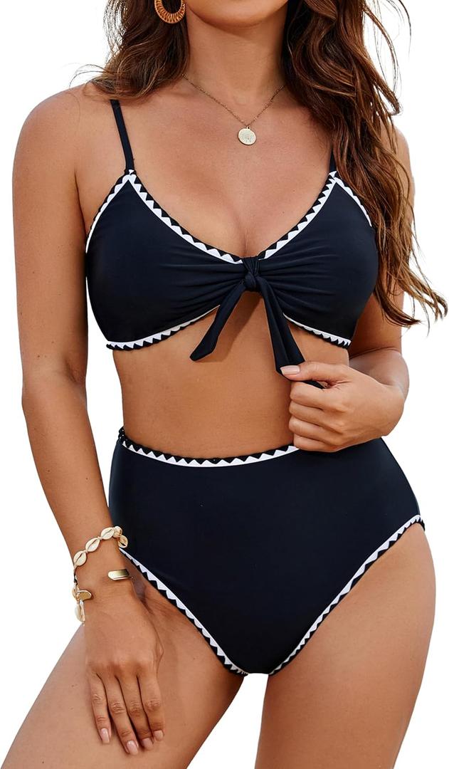 Blooming Jelly Womens High Waisted Bikini Set Tie Knot High Rise Two Piece Swimsuits Bathing Suits (Medium, Black B9)