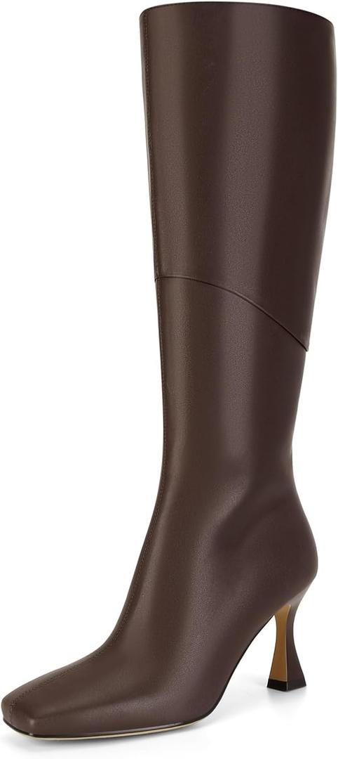 DOEYG Black Leather Knee High Boots for Women Kitten Heel Tall Boots Square Toe Stiletto Heels Heeled Boots Dressy Fashion Long Boots with Side Zipper (9.5, Chocolate Brown)