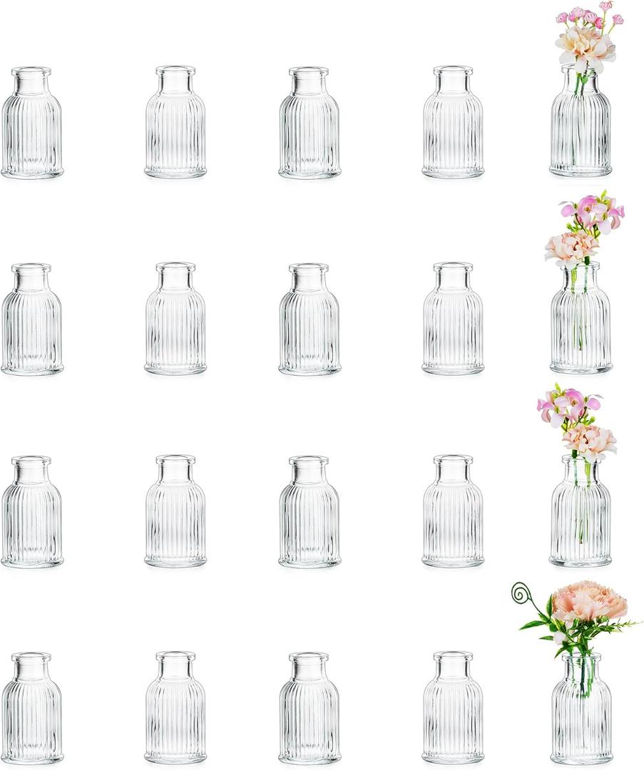 Small Glass Bud Vases for Centerpieces: Hewory 20 pcs Bulk Mini Ribbed Vase for Wedding Decor - Cute Tiny Flower Vases for Baby Bridal Shower Party