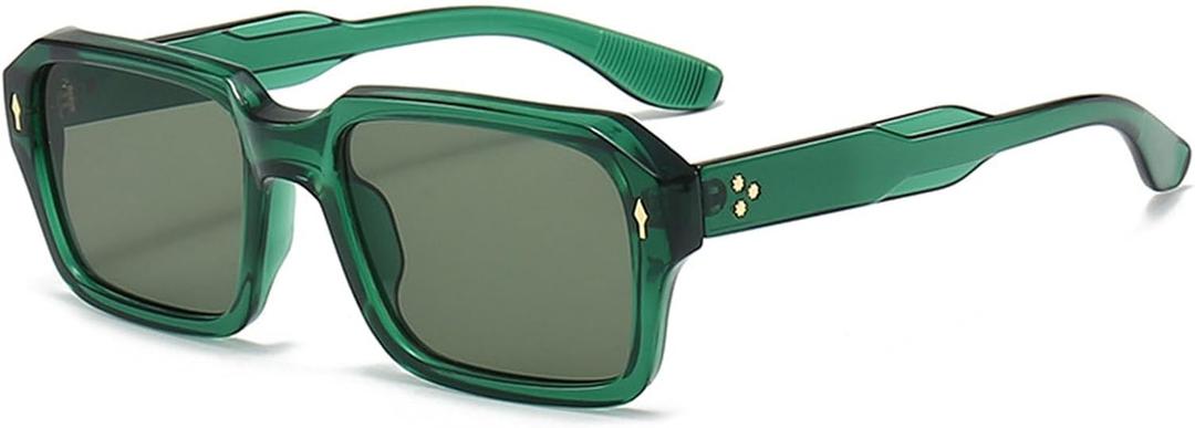 Vintage Square Sunglasses for Men Women Trendy Chunky Rectangle Frame Rivet Design Black Shades UV Protection (Green Frame/Green Lens F5)