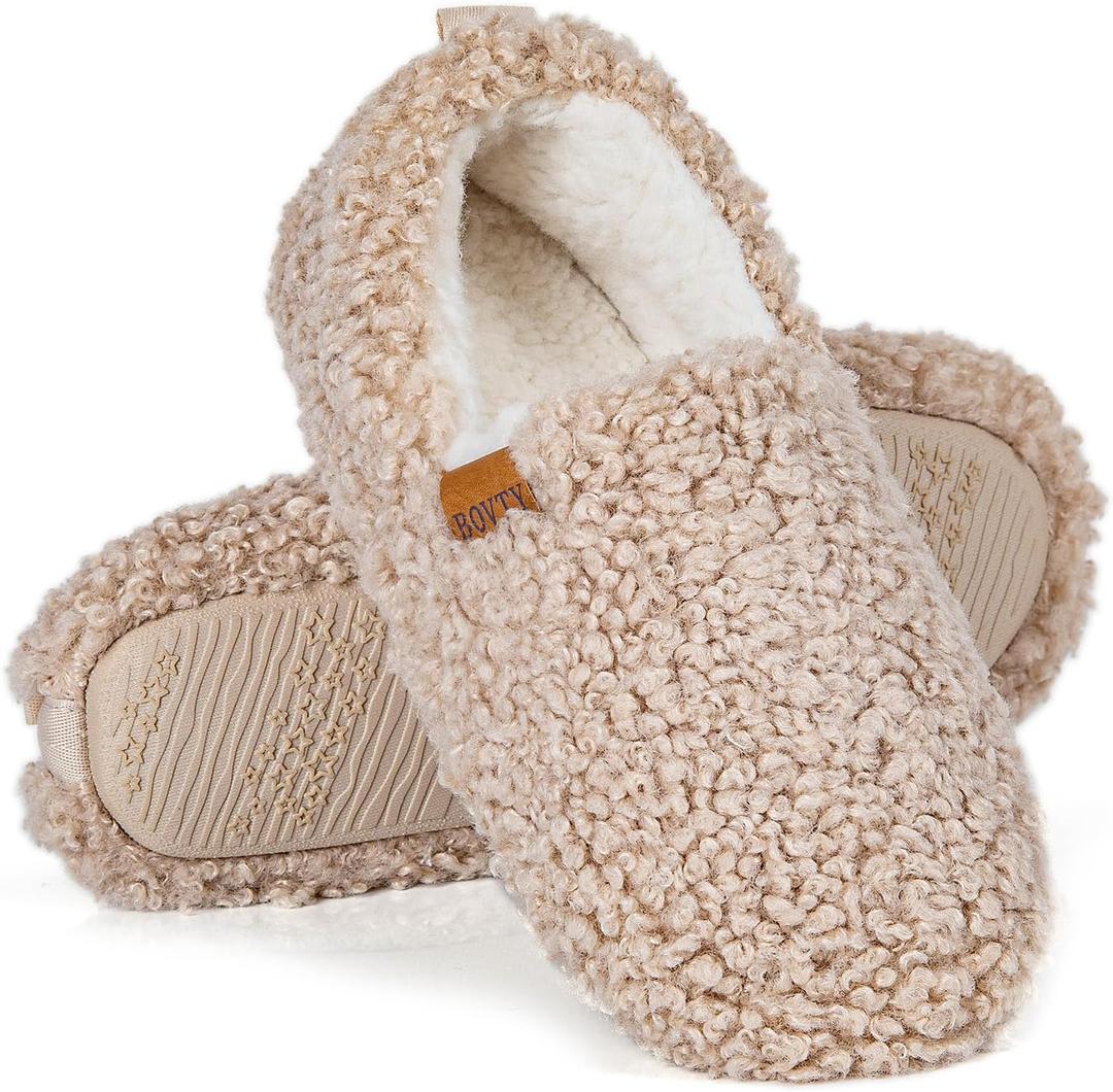 Women's Soft Curly Full Slippers - Memory Foam House Shoes Cozy Loafer with Polar Fleece Lining Indoor Lightweight House Slip-on (9-10 Narrow, Khaqi)