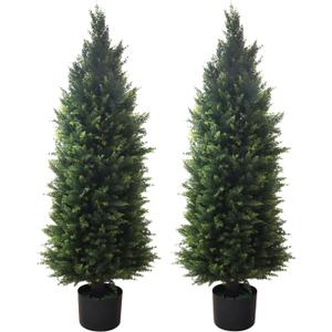 Artificial Topiary Tree 2-Set - Beautiful Realistic Faux Cedar Pines, 4 Feet Tall, UV Protection for Longer Life, 6" Wide Heavy Duty Pots for Outdoor & Indoor Decor (48 Inch)