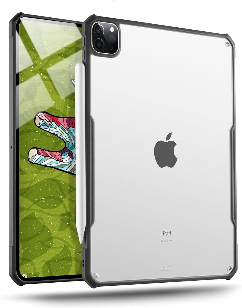 TineeOwl iPad Pro 12.9 inch Case 2022, 2021, 2020, 2018 (6th, 5th, 4th & 3rd Generation) Ultra Thin Matte Clear, Supports Apple Pencil Wireless Charging, Absorbs Shock (Black/Matte Back)