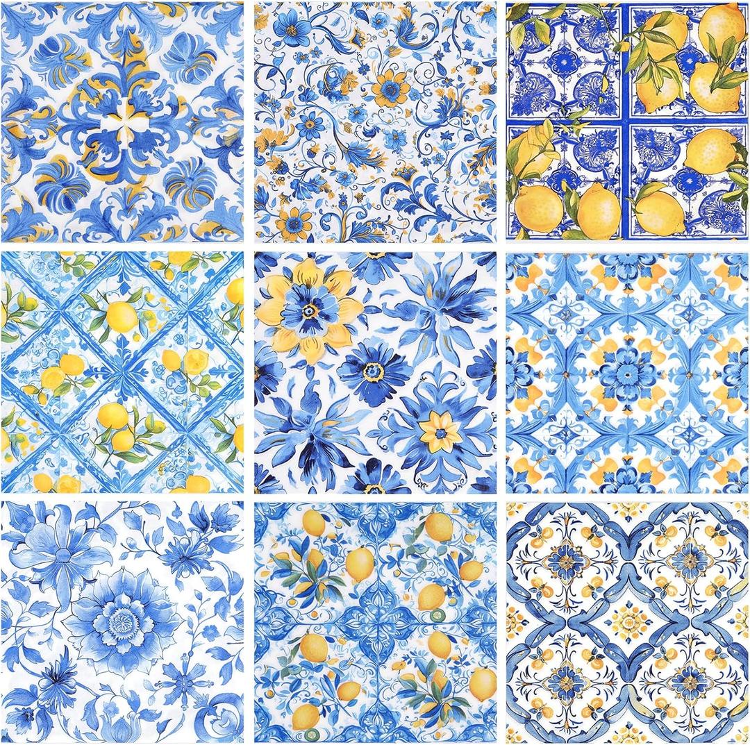 72pcs Mediterranean Luncheon Napkins  3-Ply Paper Napkins with Mixed 9 Amalfi Coast Designs, Blue & Yellow Italian Lemon Tile Table Napkins, 13x13 inch for Dining & Party Dcor
