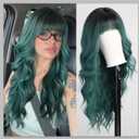 KOME Green Wigs with Bangs,Green Wig for Women Highlight Long Wavy Wig for Women,Long Curly Wigs Synthetic Hair Wig for Party Cosplay Daily Use 26IN