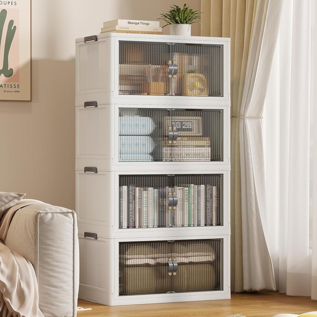 SAILUN 116Gal/464Qt Stackable Storage Bins Folding Collapsible Storage Bins with a Lid, Closet Organizers and Storage,White 26" W x 17" D x 56.7" H