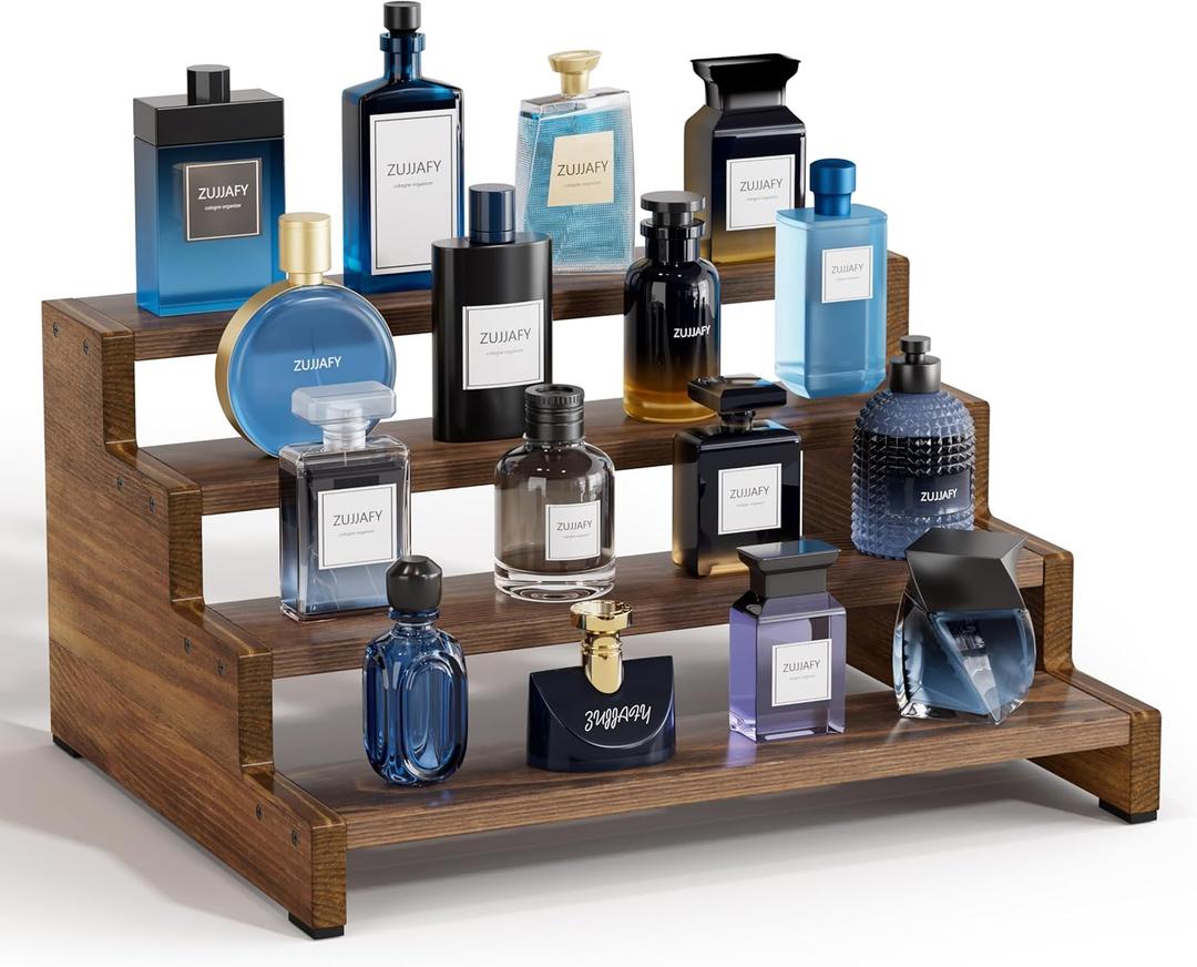 ZUJJAFY Cologne Organizer for Men, 4 Tier Wooden Cologne Stand Mens Fragrance Shelf, Tiered Wood Risers Display Stands for Perfume, Cupcake, Figures, Dessert, Brown
