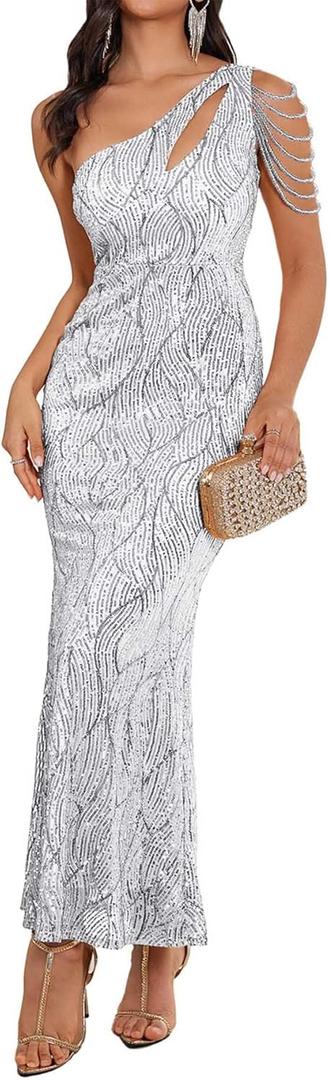 Elegant Sequin Dresses for Wedding Guest One Shoulder Dress for Women with Bead Maxi Formal Gowns (A-Silver, S)