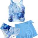 Girls Swimsuits 3 Piece Tankini Bathing Suit Set Cute Bikini Swimwear with Cover Ups Beach Skirt (8-9 Years, Blue)