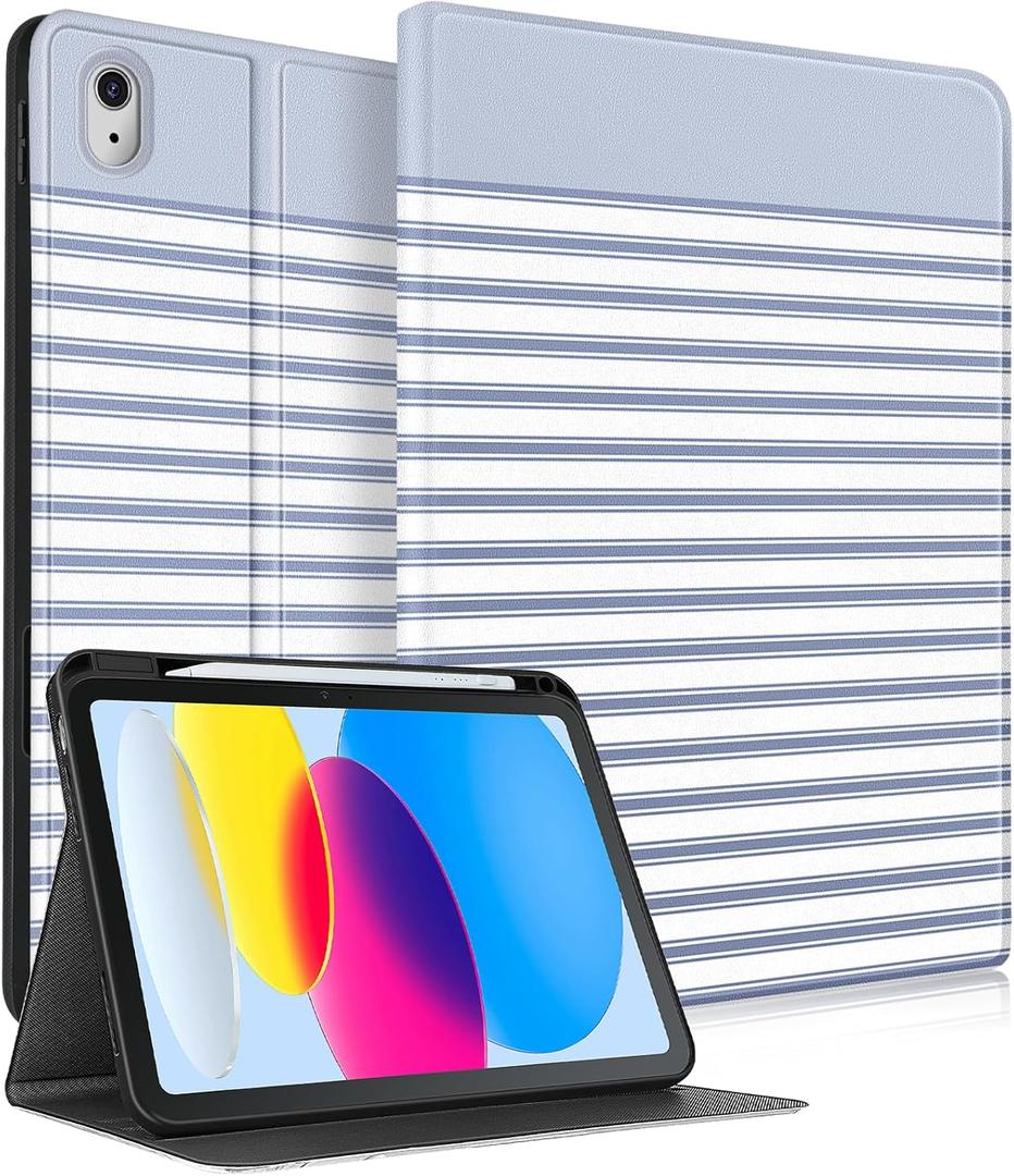for iPad A16 Case (11th) 2025,for iPad 10th Generation 10.9 inch (2022) - Smart Folio Cover (Auto Wake/Sleep) with Build-in Pencil Holder for Apple Tablet Cover for Women Girls,Blue Stripes