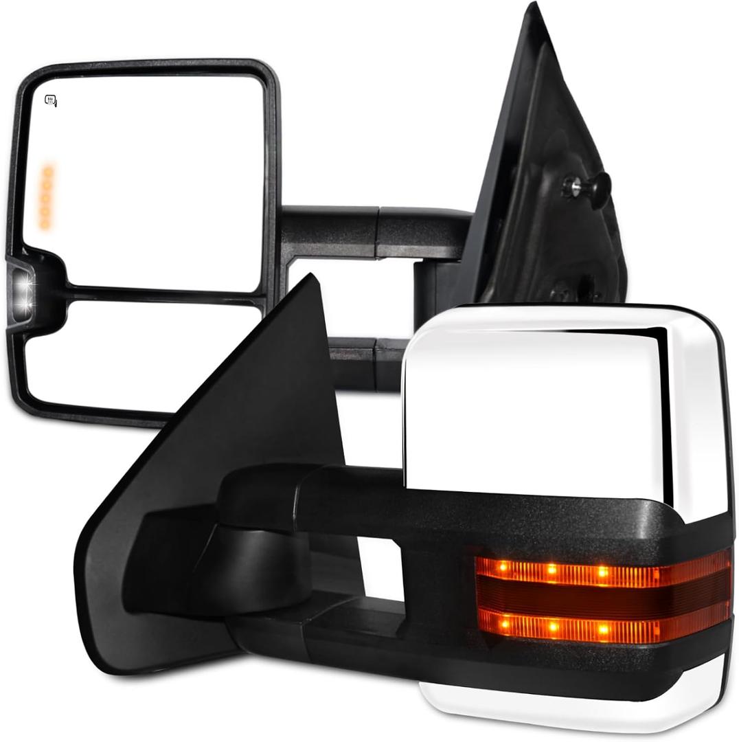 AERDM Power Heated Towing Mirrors Compatible with 2004-2014 Ford F150 F-150 Pickup Truck Power Heated Defrost Side Mirrors Chrome Amber LED Signal Puddle Light Pair set, Large