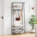 IDEALHOUSE Coat Rack Shoe Bench with 5 Hooks, Hall Trees Entryway Bench with Storage, Wood Look Accent Furniture with Metal Frame for Entryway, Living Room, Bedroom