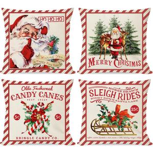 PANDICORN Vintage Christmas Pillow Covers 16x16 Set of 4 for Christmas Decorations, Red Christmas Santa Trees Candy Cane Sleigh Rides Reindeer Rustic Country Holiday Decor Throw Pillows Cases