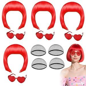 PLULON 4 Pcs Red Bob Wigs with Heart Plastic Sunglasses Hair Cap for Women, Neon Short Bob Wig Colored Funny Cosplay Hair for Women Men Daily Bachelorette Halloween Costume Party Decorations