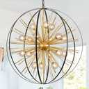 43.2" Modern Huge Black Gold Sputnik Chandelier Mid Century 18 Lights Tall Ceiling Firework Globe Pendant Light with Smoke Class Lampshades for Foyer Staircase Entryway Living Room