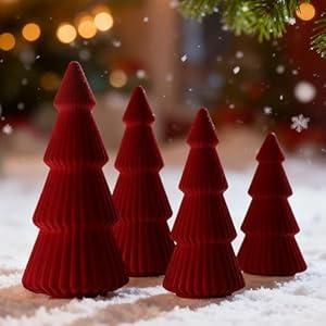 Lanpn 4 Pcs 6" 8" 10" Christmas Velvet Tree Figurine Decoration, Xmas Cone Tree Set Indoor, Small Tabletop Pine Trees Statue, Mantel Table Centerpiece Home Entryway Winter Holiday Decor, Red