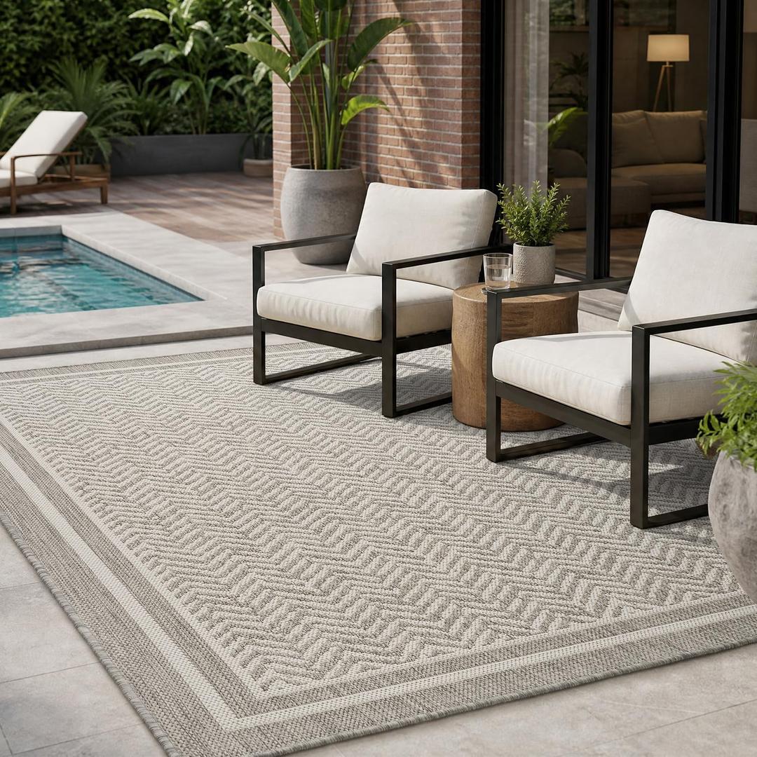MontVoo-Outdoor Rug-Patio Rug 6x9 Polypropylene Indoor Outdoor Rugs Outdoor Carpet for Patio Deck Balcony Porch, Textured Weave, Durable for High Traffic, Fade-Resistant, Boho Farmhouse Silver Grey