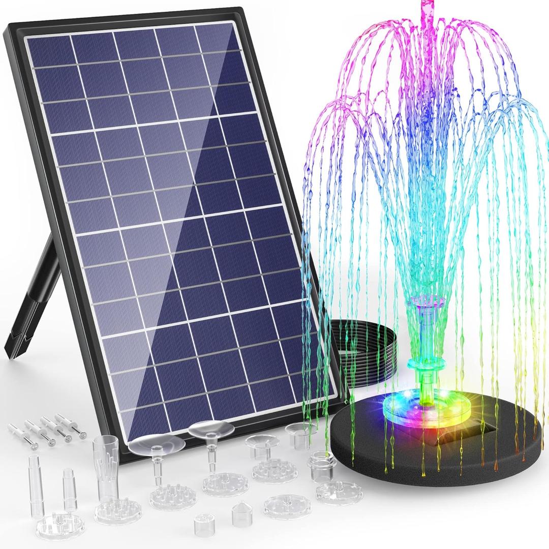 POPOSOAP Solar Fountain Pump with Battery Backup 4400mAh, 10W Solar Bird Bath Fountain with LED Lights, DIY Water Feature Solar Fountain for Bird Bath, Pond, Fish Tank, Garden (Work Weaker in Winter)