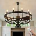 Fiqevs 32-inch Farmhouse Chandelier Fan with Remote Control, DC Motor, 12 LED Lights, Reversible Quiet Operation, Industrial Black Wagon Wheel Rustic Ceiling Fan for Bedroom and Living Room